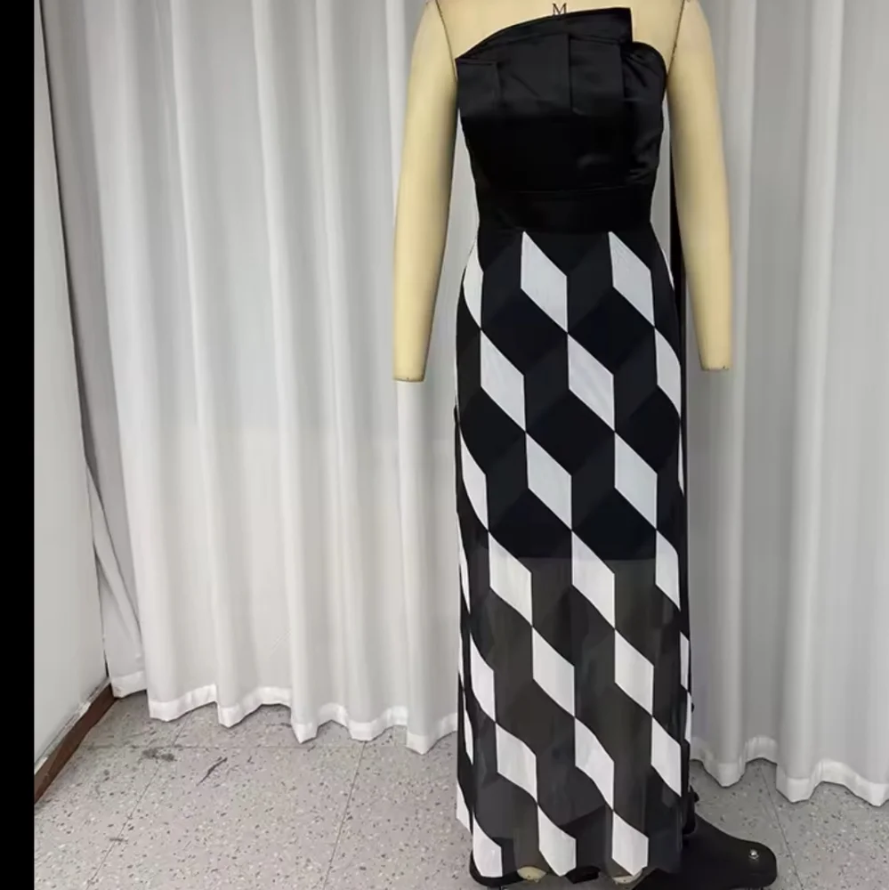 Midi Dress Women Fashion Sleeveless Tube Nipped Waist Contrast Multifaceted Prin - Picture 6 of 6